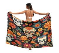 RPLIFE Sarong da donna con teschi e fiori arancioni, pareo con nappe, per piscina estiva/spiaggia, grande, Teschi divertenti fiori arancioni, Medium