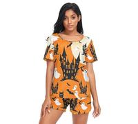 RPLIFE Set pigiama arancione con castello spettrale di Halloween, da donna, set coordinato da donna, Halloween Spooky Castle Arancione, XL