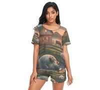 RPLIFE Set pigiama da donna con maialino e gallo della fattoria, set pigiama coordinato da donna, Maiale Gallo Fattoria, XXL