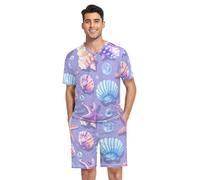 RPLIFE Set pigiama da uomo, a maniche corte, comodo abbigliamento da casa, con conchiglie e stelle marine viola, Stella marina conchiglia carina viola, XL