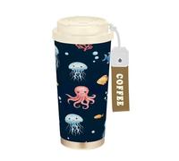 RPLIFE Simpatica tazza da caffè da viaggio con medusa corallo blu scuro, con cannuccia e coperchio a filp, isolamento sottovuoto, a doppia parete, con rivestimento in ceramica, per scuola, ufficio