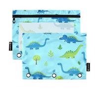 RPLIFE Simpatici dinosauri dei cartoni animati blu verde a 3 anelli con finestra trasparente, confezione da 2 astucci per matite per bambini, materiale scolastico per bambini, 24,9 × 17,8 cm (taglia