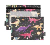 RPLIFE Simpatici dinosauri Space 2 Pack 3 Hole Punch Pouch per la scuola dei bambini, tasca grande frontale trasparente per ragazzi ragazze, 24,9 × 17,8 cm