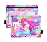 RPLIFE Simpatico astuccio a tre anelli rosa sirena con finestra trasparente, confezione da 2 astucci con cerniera per ragazzi, materiale scolastico per bambini, 9,8 "× 7" (taglia unica x 2)