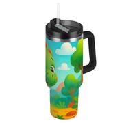RPLIFE Simpatico bicchiere da tè verde con motivo dinosauro in stile cartone animato, con manico, in acciaio inox, da 880,5 g, con coperchio, per donne e uomini, da viaggio