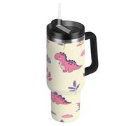 RPLIFE Simpatico bicchiere viola con dinosauri in stile cartone animato, con manico, in acciaio inox, da 880,5 g, con coperchio e cannuccia, per donne e uomini, da viaggio