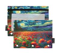 RPLIFE Starry Night Red Poppies Raccoglitore Astuccio con Finestra Trasparente, Confezione da 2 Astuccio con Cerniera per Ragazzi Bambini Forniture per la Scuola, 9.8″ × 7″ (taglia unica x 2)