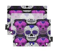 RPLIFE Sugar Skulls - Confezione da 2 portapenne a 3 fori per la scuola dei bambini, astuccio trasparente con cerniera frontale per ragazzi e ragazze, 24 x 17 cm