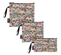 RPLIFE Sugar Skulls - Sacchetti riutilizzabili per snack, sandwich, motivo floreale vintage, con cerniera, ecologici, lavabili per scuola, viaggi, lavoro, ufficio (confezione da 3)