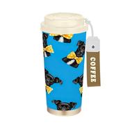 RPLIFE Tazza da caffè da viaggio da 40 ml, con cannuccia e coperchio, rivestimento in ceramica, isolamento sottovuoto, a doppia parete, papillon giallo cane nero