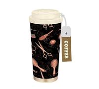 RPLIFE Tazza da viaggio da caffè da 40,6 ml, con cannuccia e coperchio, rivestimento in ceramica a doppia parete, con forbici color oro rosa, pettine per capelli nero