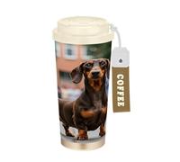 RPLIFE Tazza da viaggio da caffè da 40 ml, con cannuccia e coperchio, rivestimento in ceramica, isolamento sottovuoto, bicchiere a doppia parete, divertente bassotto