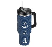 RPLIFE Tumbler con manico, 1,18 l, tazza da caffè isolata in acciaio inox con coperchio, per uomo e donna, da viaggio, con ancore bianche e strisce blu navy