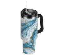 RPLIFE Tumbler con manico e cannuccia, 1,18 l, borraccia termica in acciaio inox con cannuccia, per uomo e donna, da viaggio, blu e bianco marmo