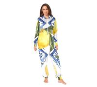 RPLIFE - tuta in stile siciliano con fiori blu e limoni per adulti con cappuccio e chiusura, pigiama natalizio in morbido pile di vetro, Limoni stile siciliano Fiori blu, S
