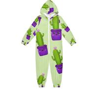 RPLIFE Tuta intera per bambini, con cappuccio, a maniche lunghe, con cerniera, vestibilità larga, per l'inverno, Carino Cartoon Cactus Verde, 13-14 Anni