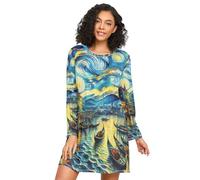 RPLIFE Venice Starry Sky Night Shirt da donna, camicia da notte a maniche lunghe, abito da notte ampio per l'autunno, Cielo Stellato Venezia, 3XL