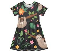 RPLIFE Vestito a maniche corte da bambina con fiori di bradipo carino nero vestito casual estivo a una linea, 2T, Simpatici fiori di bradipo nero, 5-6 Anni