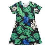 RPLIFE Vestito da bambina a maniche corte con foglie tropicali verdi una linea prendisole estivo playwear, 2T, Foglie tropicali, 4 anni