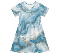RPLIFE Vestito da bambina blu bianco marmo una linea a maniche corte casual prendisole comodo abbigliamento estivo, 2T, Marmo Blu Bianco, 4 anni