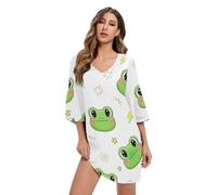 RPLIFE Vestito da donna con scollo a V in chiffon a forma di rana del fumetto carino stampato allentato, Simpatico cartone animato verde rana, XL