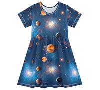 RPLIFE Vestito da ragazza a maniche corte colorato galassia con stampa luminosa abito estivo per bambini una linea casual playwear, 2T, Galassia colorata luminosa, 5-6 Anni
