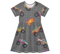 RPLIFE Vestito da ragazza a maniche corte con motivo Monster Trucks a maniche corte, UPF50, estivo, leggero, morbido, per tutti i giorni, 2T, Monster Truck Cartoon, 4 anni