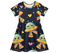 RPLIFE Vestito da ragazza carino verde alieni pizza stampa manica corta una linea UPF50plus estate, 2T, Carino Verde Aliens Pizza, 5-6 Anni