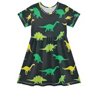 RPLIFE Vestito estivo a maniche corte con dinosauri verdi gialli e verdi per bambine da 2 a 8 anni, Simpatici dinosauri gialli verdi, 3 anni