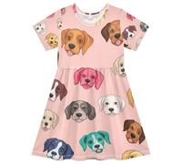 RPLIFE Vestito estivo da bambina colorato rosa a maniche corte a una linea prendisole casual, 2T, Colorato Cane Rosa, 7-8 Anni