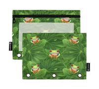RPLIFE Vibrant Frog Tropical Green Leaves Confezione da 2 astuccio a tre fori per la scuola dei bambini, grande astuccio trasparente per ragazzi e ragazze, 24,9 x 17,8 cm