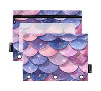 RPLIFE Viola Rosa Blu Sirena Bilancia 2 Pack 3 fori Tasche Punch per la scuola dei bambini, Astuccio trasparente con cerniera per ragazzi ragazze, 24,9 × 17,8 cm