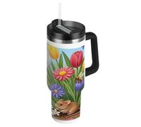 RPLIFE Whimsical Spring Garden Flowers Tumbler con manico, 880,5 g, tazze da caffè con coperchio, riutilizzabili, in acciaio inox, per donne e uomini, da viaggio