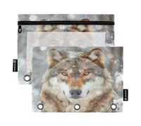 RPLIFE Winter Wolf, confezione da 2 sacchetti trasparenti a 3 fori per la scuola dei bambini, astuccio per matite per ragazzi e ragazze, 24 cm × 17,8 cm (taglia unica x 2)