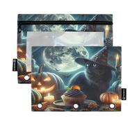 RPLIFE Witch Cat Confezione da 2 astuccio per penne a 3 anelli per la scuola dei bambini, astuccio trasparente frontale per ragazzi e ragazze, 24,9 × 17,8 cm