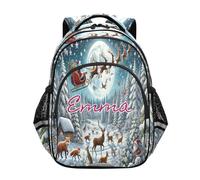 RPLIFE Zaino con nome personalizzato per ragazzi e ragazze, zaino personalizzato per la scuola elementare con renna di Babbo Natale per ragazzi, Santa Renna Notte, 17 Inch, Zaini Tradizionali