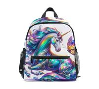 RPLIFE Zaino da bambina con unicorno iridescente con targhetta per nome, mini zaino per la scuola per bambini, zaino da viaggio, 3-8 anni
