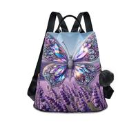 RPLIFE Zaino da donna con farfalla in volo campo di lavanda antifurto borsa da viaggio alla moda con pompon zaino per escursionismo