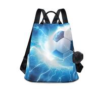 RPLIFE Zaino da donna con pallone da calcio blu fulmine antifurto borsa da viaggio alla moda con pompon zaino per escursionismo