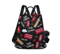 RPLIFE Zaino da donna con stampa di Hello London, antifurto, con cerniera, tasca da viaggio con pompon