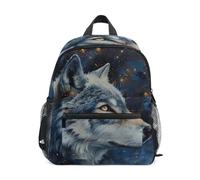 RPLIFE Zaino da viaggio con lupo stellato blu per bambini, ragazzi, ragazze, bambini, con targhetta per il nome, piccolo zaino da viaggio, 3-8 anni