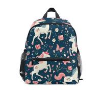 RPLIFE Zaino per bambine e ragazzi, grazioso zaino da viaggio con unicorni e fiori, blu con etichetta per nome, mini zaini per bambini, 3-8 anni