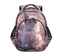 RPLIFE Zaino per bambini con grazioso gatto e fiori di ciliegio per ragazze e ragazzi personalizzato nome elementare zaino età 6-12 anni, Simpatico gatto in fiore di ciliegi, 15 Inch, Zaini