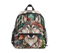 RPLIFE Zaino per bambini con motivo floreale con lupo bohémien, per ragazzi e ragazze, piccolo zaino da viaggio con targhetta per il nome, borsa per la scuola per bambini, 3-8 anni