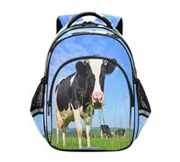 RPLIFE Zaino per bambini con motivo mucca che mangia l'erba, 38,1 cm, in bianco e nero, Mucca nera bianca che mangia erba prato blu, M, Zaini tradizionali