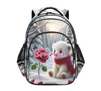 RPLIFE Zaino per bambini con nome personalizzato, Bear Rose White Elementary School Backpack per ragazzi, Orso Rosa Bianco, 15 Inch, Zaini Tradizionali