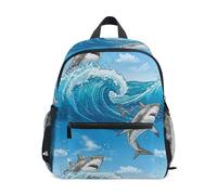 RPLIFE Zaino per bambini e bambine, con simpatici squali blu oceano, piccolo zaino da viaggio con targhetta per il nome, Carino Squali Blu Oceano, 6-8 Years, Zaini Carino
