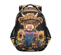 RPLIFE Zaino per bambini neri sveglio personalizzato della mucca dell'altopiano per le età scolastiche 6-12 zaini personalizzati per bambini freddi, Carino Highland Mucca Nero 2, 15 Inch, Zaini