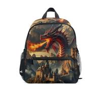 RPLIFE Zaino rosso con drago dei cartoni animati per bambini e bambine, Drago Cartone anim, Medium, Zaini Cool Soccer Print | Zaini leggeri per bambini da 3 a 8 anni, con targhetta per il nome