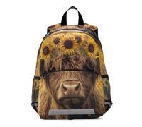 RPLIFE Zaino vintage per bambini con mucca delle Highland e girasole, per ragazze e ragazzi, piccola borsa da viaggio per la scuola per bambini 3-6 anni, M